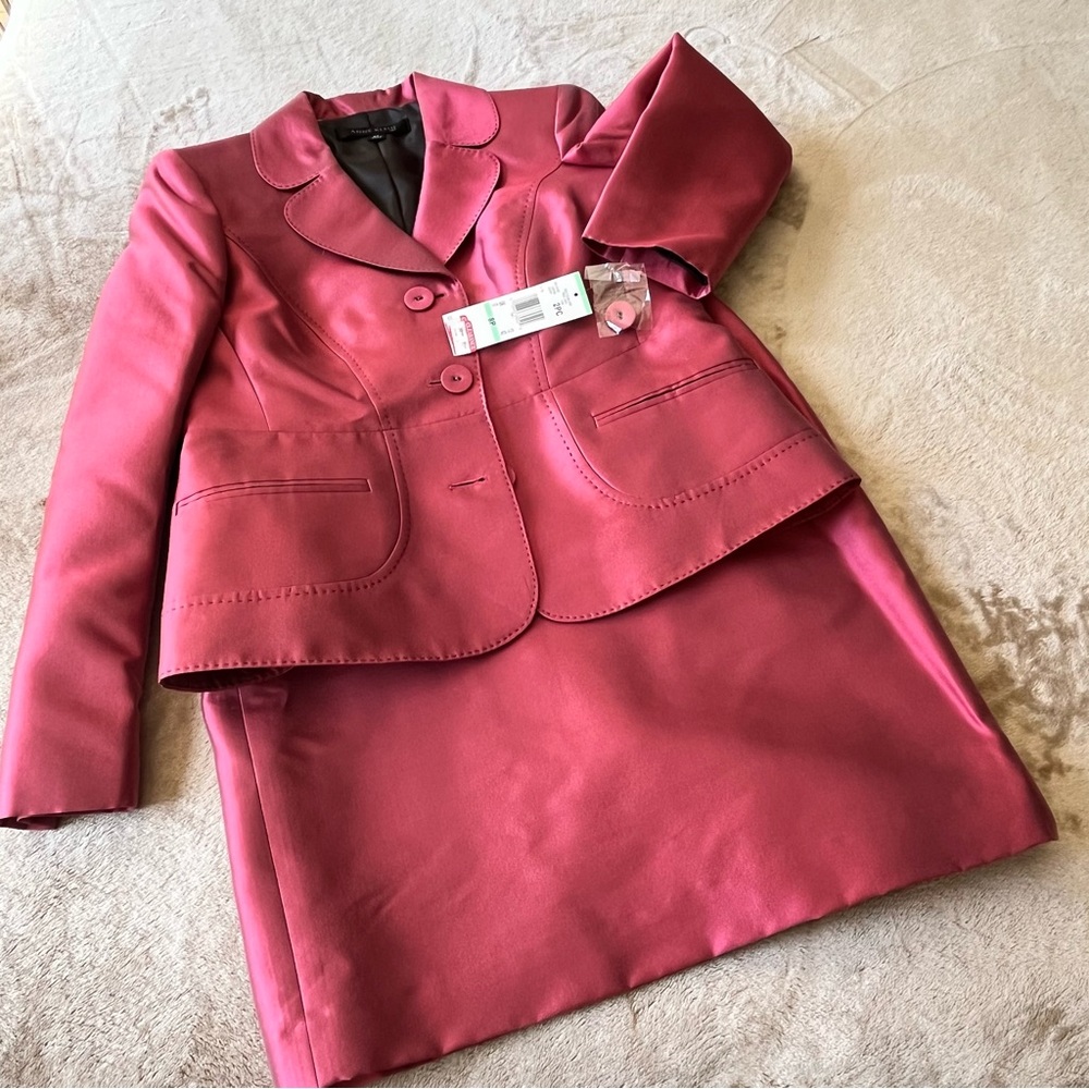 Anne Klein Suit Tea Rose Blazer Skirt Set Top Stitch Covered Buttons Size 8P